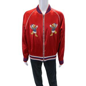 Gucci Mens Silk Full Zipper Duck Bomber Jacket Red Blue Size EUR 52